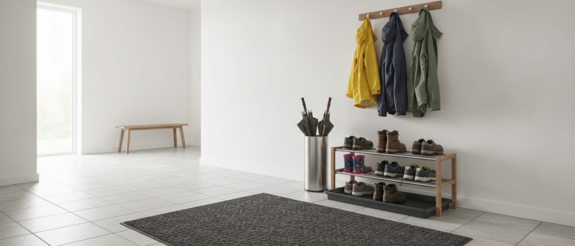 6 tips om je hal schoon te houden bij natte jassen en modderschoenen.