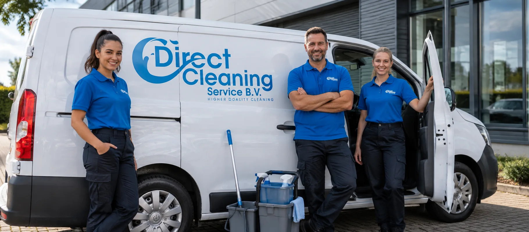 Direct Cleaning Company B.V.: medewerkers bij een Direct Cleaning bedrijfsbus